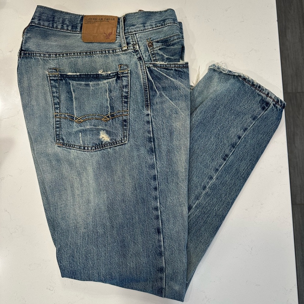 American Eagle Men’s Distressed Bootcut Jeans, size 34X30.
